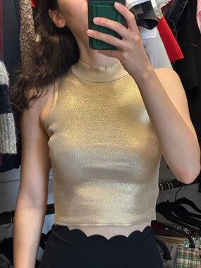 Mango Metallic Gold Mock Neck Sleeveless Crop Top